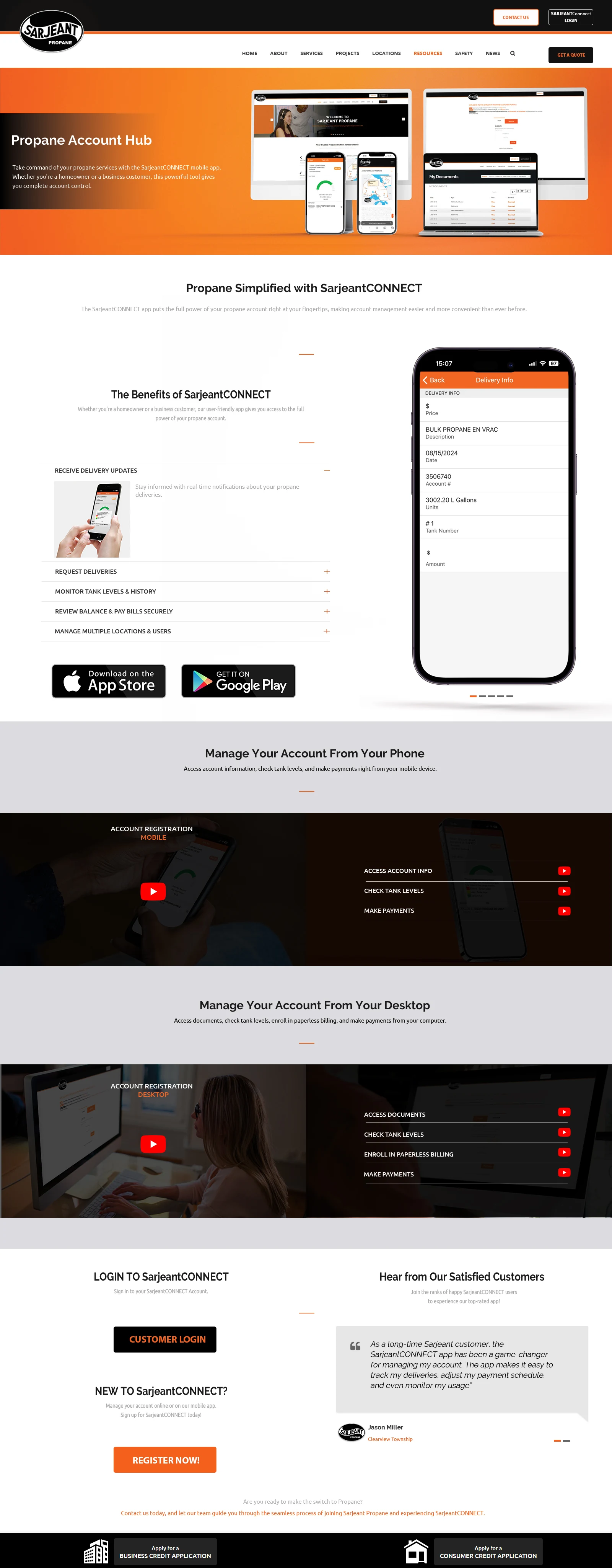 Full Sarjeant Propane account hub page showing desktop and mobile customer account experiences